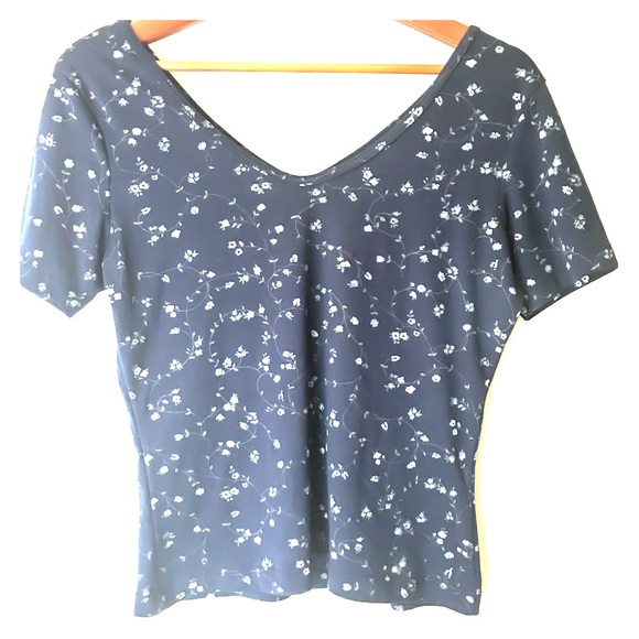 2/$25- Navy Polyester Double V-Neck with Small Flowers - Picture 4 of 4